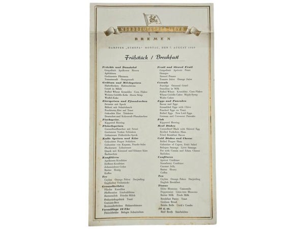 Original WW2 German Document - Norddeutscher Lloyd Bremen, SS Europa, menu card (1939)