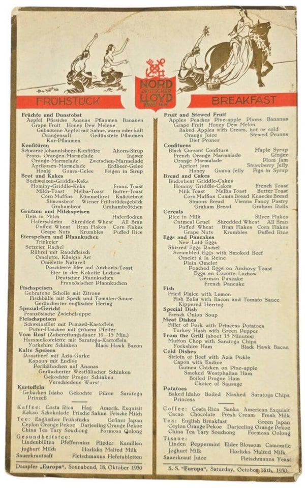 Original German Document - Norddeutscher Lloyd Bremen, SS Europa, menu card (1930)