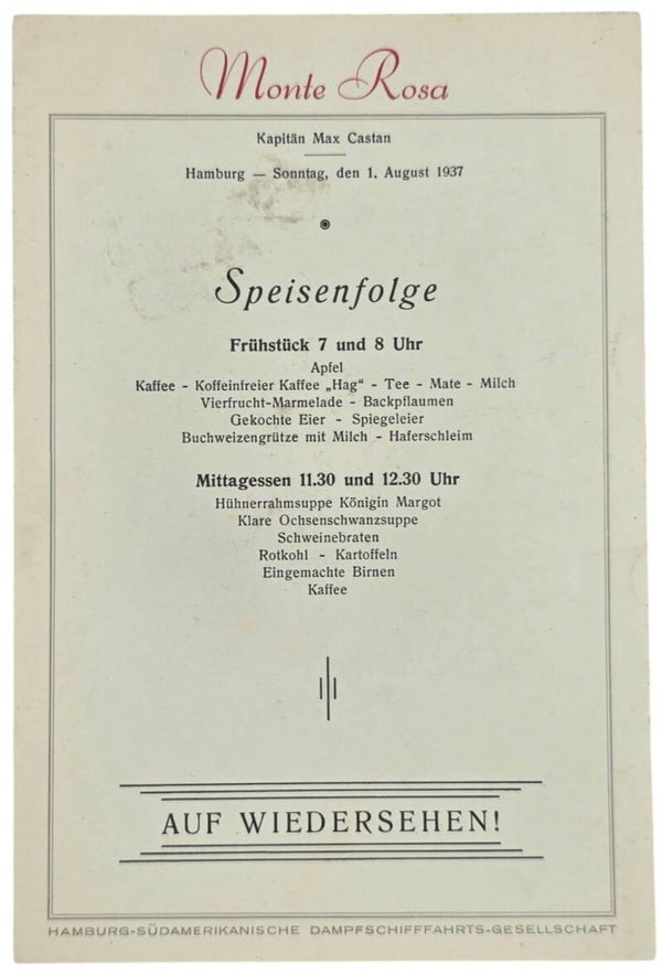 Original WW2 German Document - HDSG Hamburg Süd, MS Monte Rosa, menu card (1937)