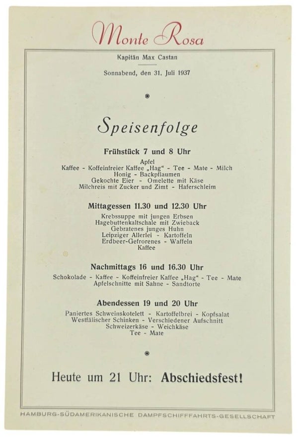 Original WW2 German Document - HDSG Hamburg Süd, MS Monte Rosa, menu card (1937)