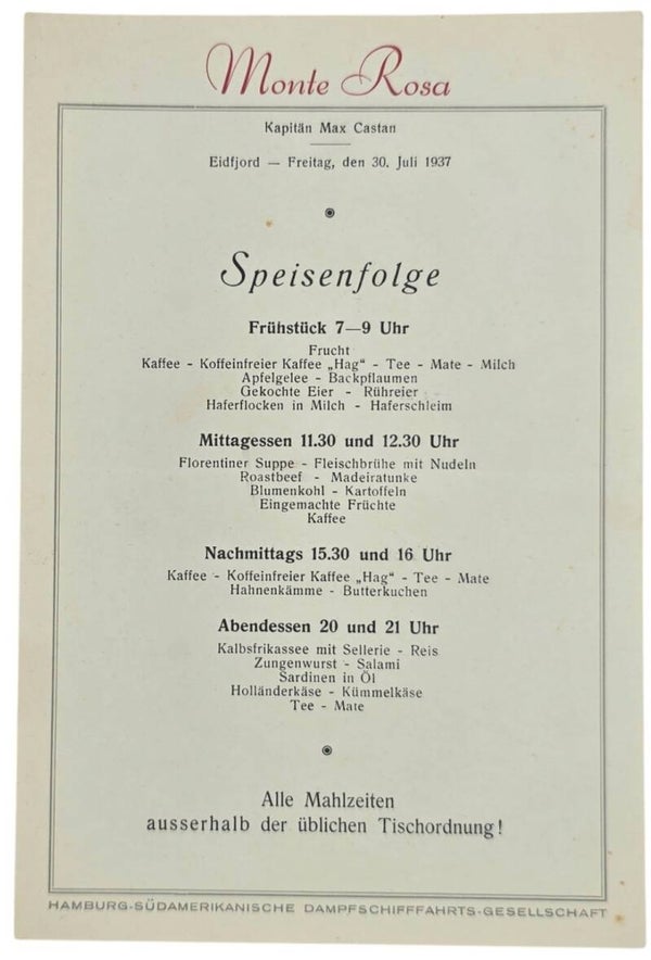 Original WW2 German Document - HDSG Hamburg Süd, MS Monte Rosa, menu card (1937)