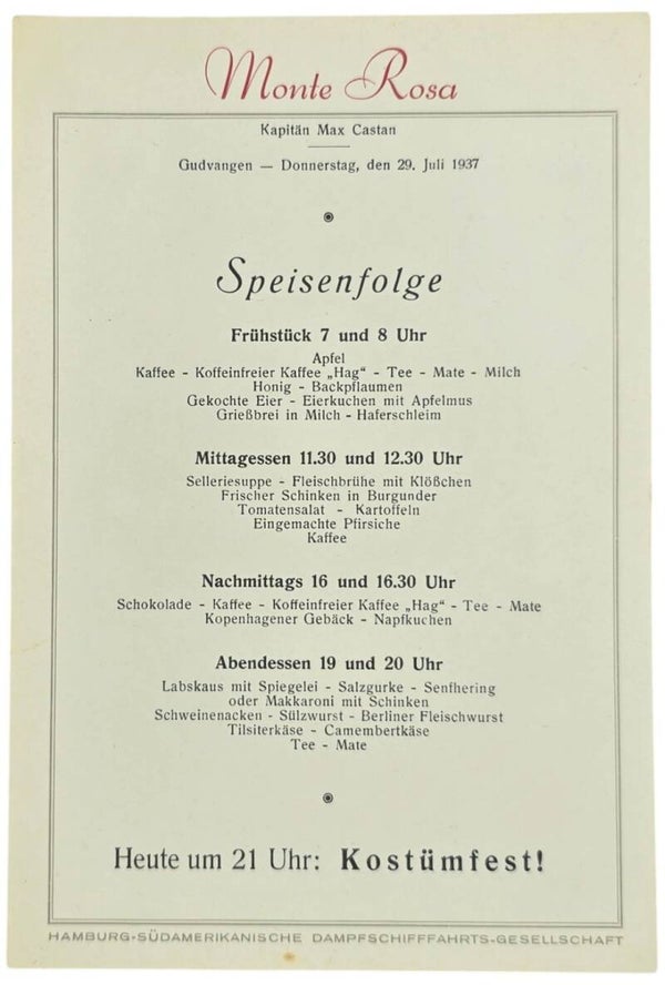 Original WW2 German Document - HDSG Hamburg Süd, MS Monte Rosa, menu card (1937)