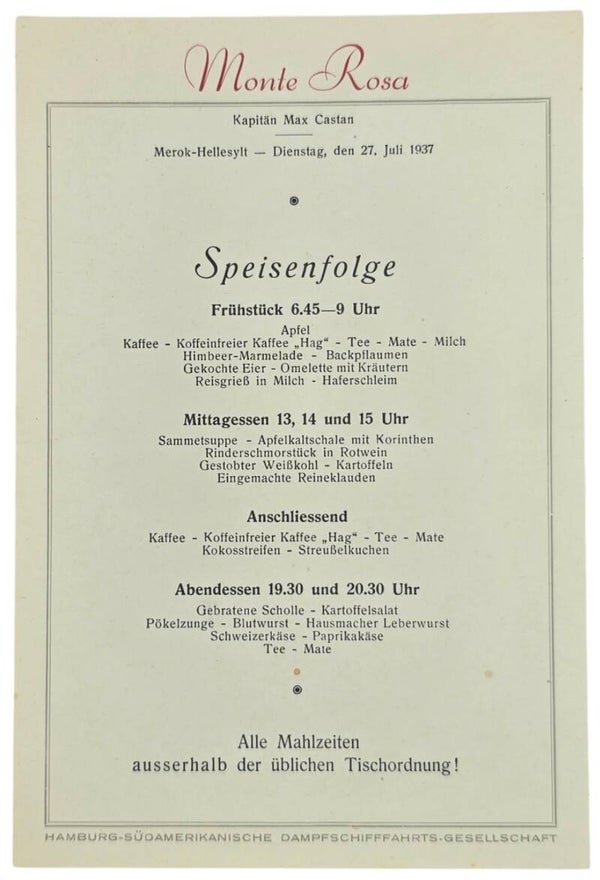 Original WW2 German Document - HDSG Hamburg Süd, MS Monte Rosa, menu card (1937)