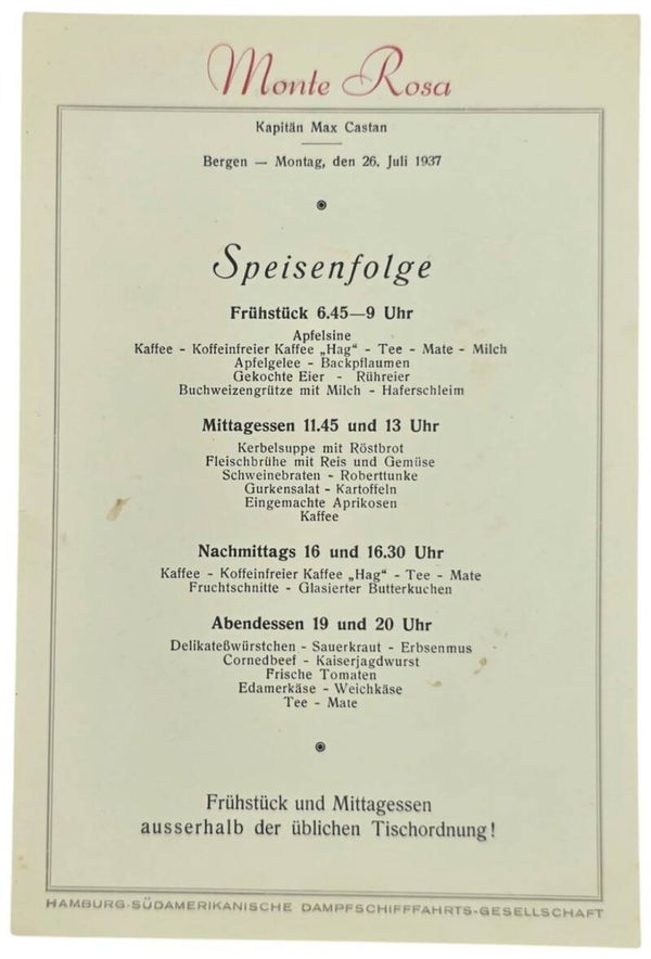 Original WW2 German Document - HDSG Hamburg Süd, MS Monte Rosa, menu card (1937)