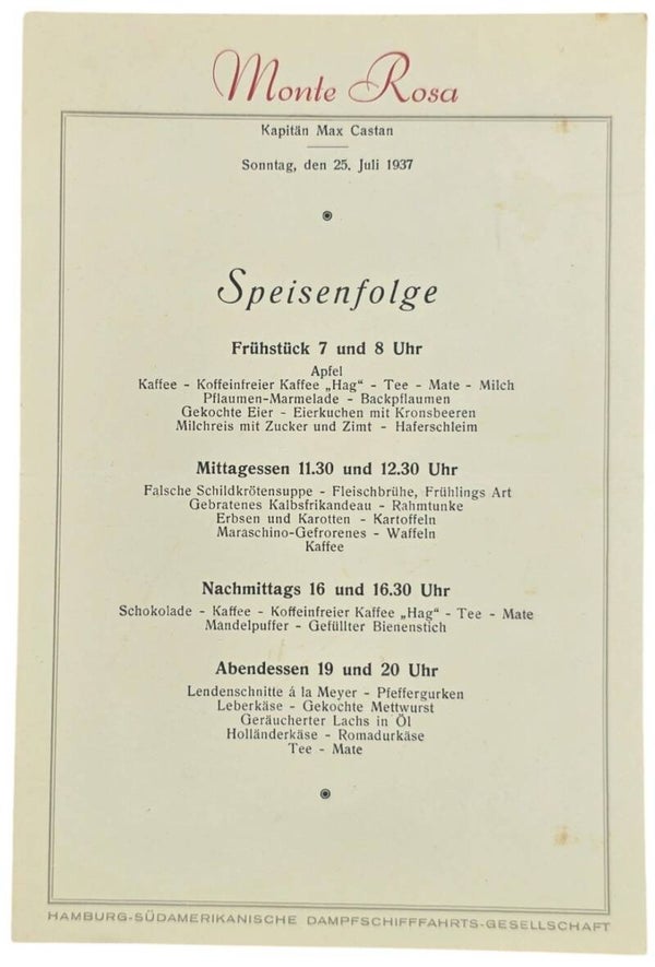Original WW2 German Document - HDSG Hamburg Süd, MS Monte Rosa, menu card (1937)