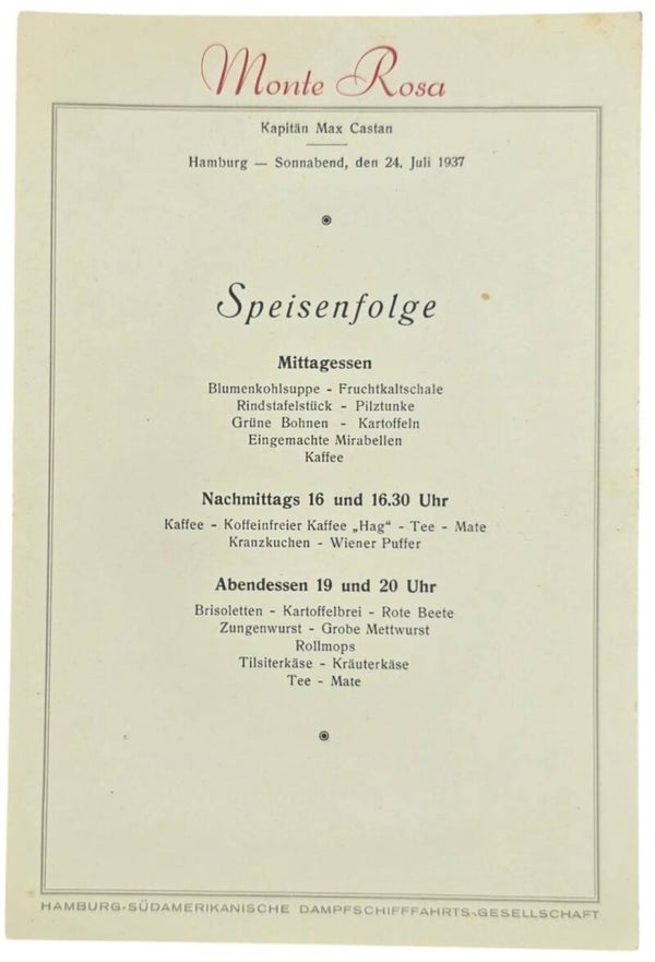 Original WW2 German Document - HDSG Hamburg Süd, MS Monte Rosa, menu card (1937)