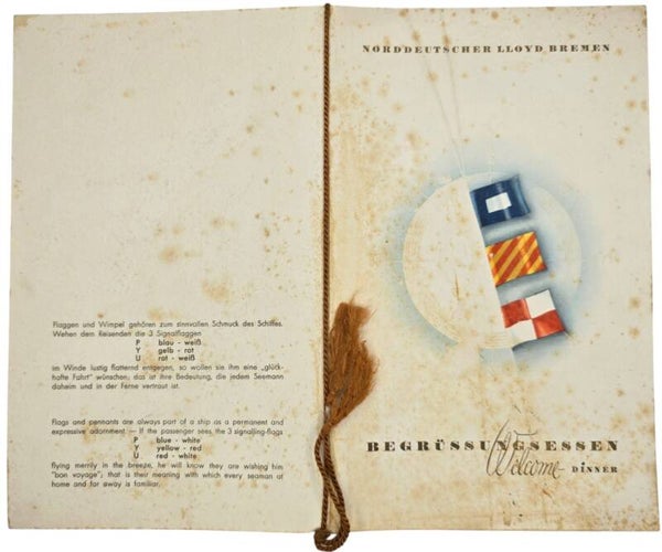 Original WW2 German Document - Norddeutscher Lloyd Bremen, SS Columbus, menu card (1935)