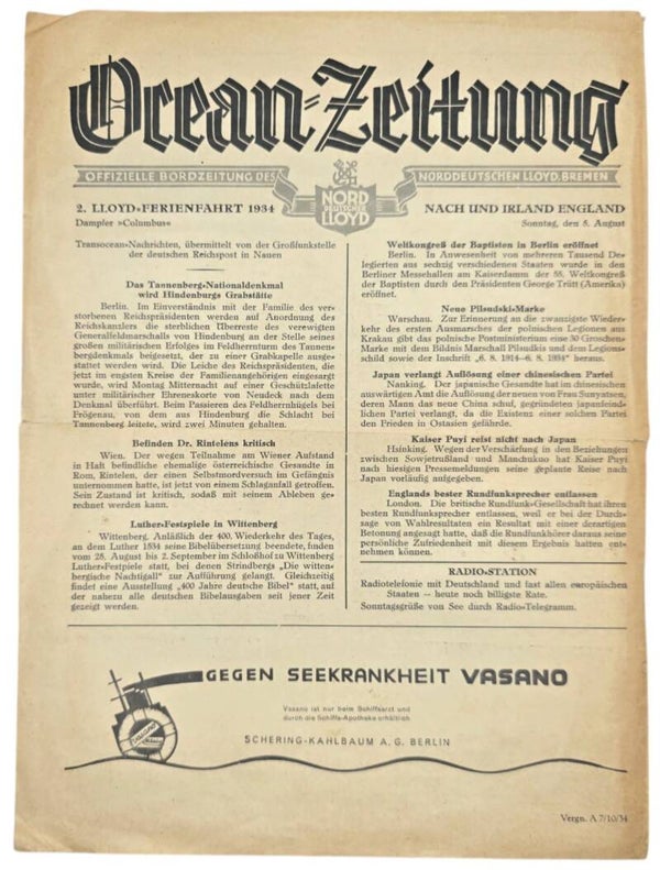 Original WW2 German Document - Norddeutscher Lloyd Bremen, SS Columbus, Ocean Zeitung (1934)