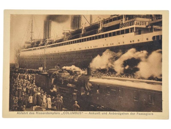 Original German Postcard - Norddeutscher Lloyd Bremen, SS Columbus Riesendampfers with train