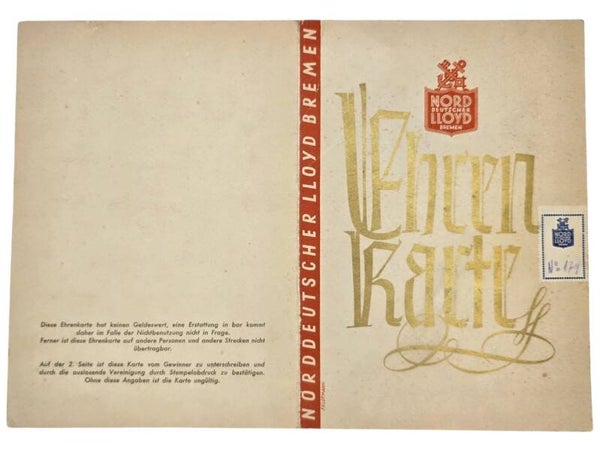 Original WW2 German Document - Norddeutscher Lloyd Bremen, Ehrenkarte 10 Preis, Helgoland Wangerooge (1935)