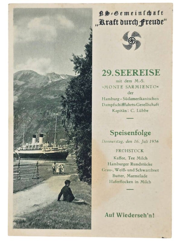 Original WW2 German KDF Postcard - NS Gemeinschaft Kraft Durch Freude MS Monte Sarmiento menu card (1936)