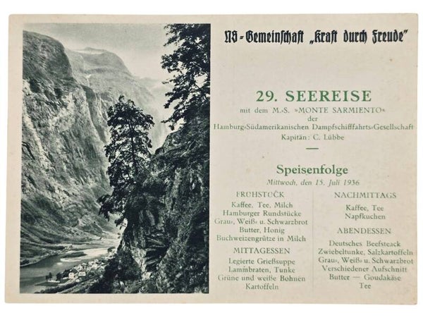 Original WW2 German KDF Postcard - NS Gemeinschaft Kraft Durch Freude MS Monte Sarmiento menu card (1936)