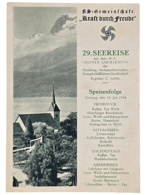 Original WW2 German KDF Postcard - NS Gemeinschaft Kraft Durch Freude MS Monte Sarmiento menu card (1936)
