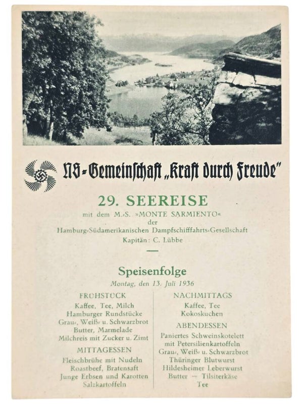 Original WW2 German KDF Postcard - NS Gemeinschaft Kraft Durch Freude MS Monte Sarmiento menu card (1936)