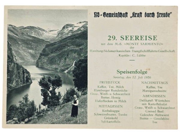 Original WW2 German KDF Postcard - NS Gemeinschaft Kraft Durch Freude MS Monte Sarmiento menu card (1936)