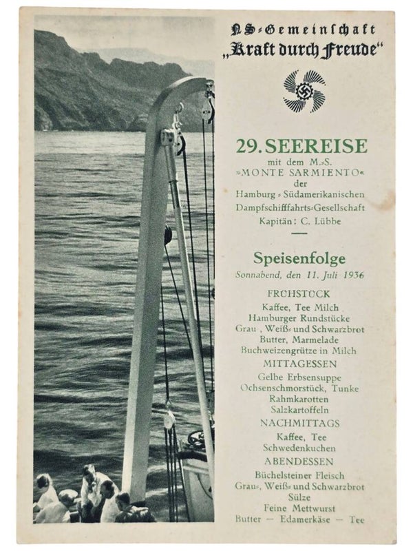 Original WW2 German KDF Postcard - NS Gemeinschaft Kraft Durch Freude MS Monte Sarmiento menu card (1936)