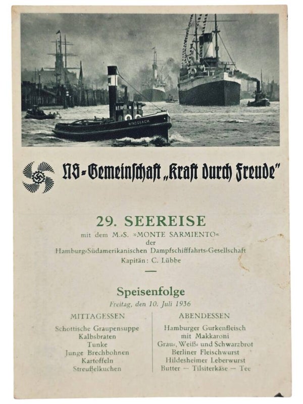 Original WW2 German KDF Postcard - NS Gemeinschaft Kraft Durch Freude MS Monte Sarmiento menu card (1936)