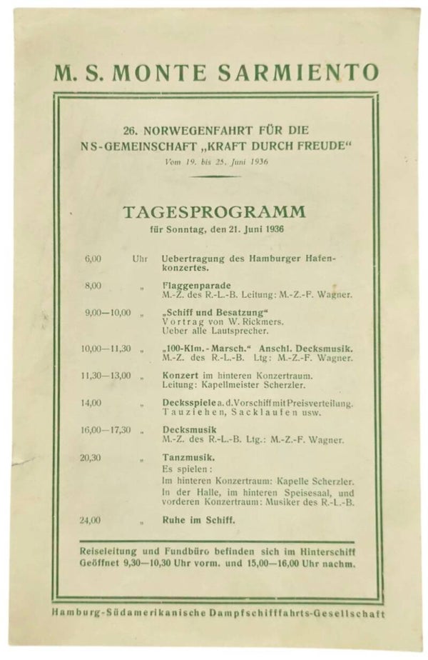 Original WW2 German KDF Document - NS Gemeinschaft Kraft Durch Freude MS Monte Sarmiento, Tagesprogramm (1936)