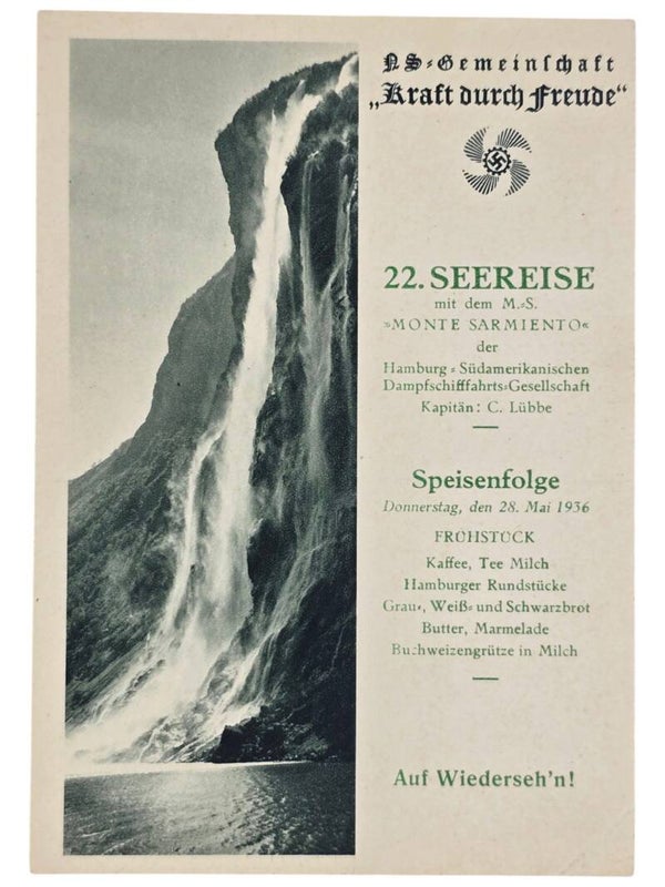 Original WW2 German KDF Postcard - NS Gemeinschaft Kraft Durch Freude MS Monte Sarmiento menu card (1936)