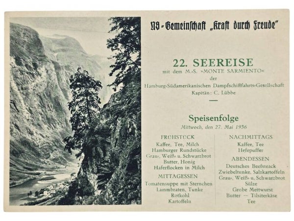 Original WW2 German KDF Postcard - NS Gemeinschaft Kraft Durch Freude MS Monte Sarmiento menu card (1936)