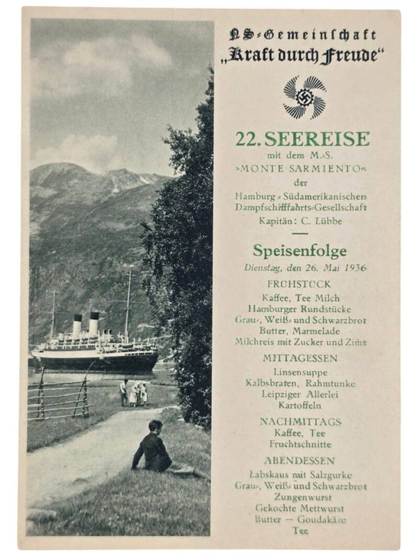 Original WW2 German KDF Postcard - NS Gemeinschaft Kraft Durch Freude MS Monte Sarmiento menu card (1936)
