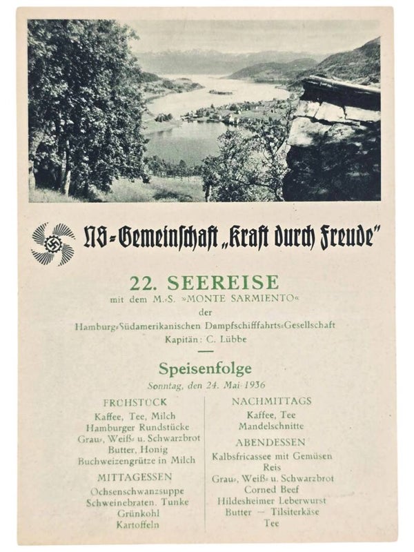 Original WW2 German KDF Postcard - NS Gemeinschaft Kraft Durch Freude MS Monte Sarmiento menu card (1936)