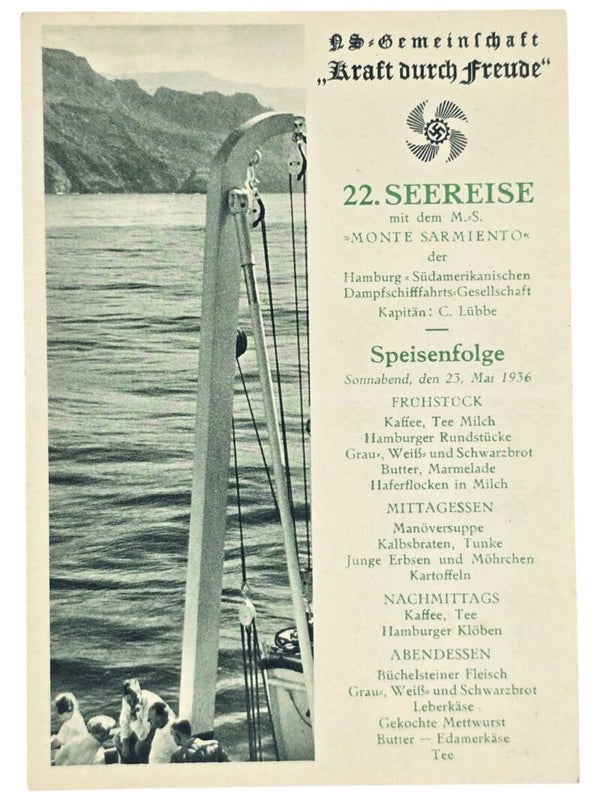 Original WW2 German KDF Postcard - NS Gemeinschaft Kraft Durch Freude MS Monte Sarmiento menu card (1936)