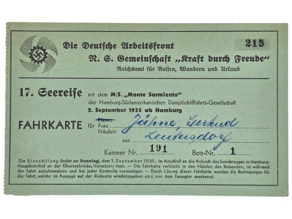 Original WW2 German KDF Document - NS Gemeinschaft Kraft Durch Freude MS Monte Sarmiento, Fahrkarte (1935)