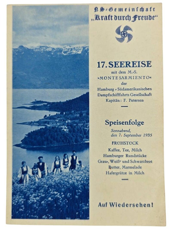 Original WW2 German KDF Postcard - NS Gemeinschaft Kraft Durch Freude MS Monte Sarmiento menu card (1935)