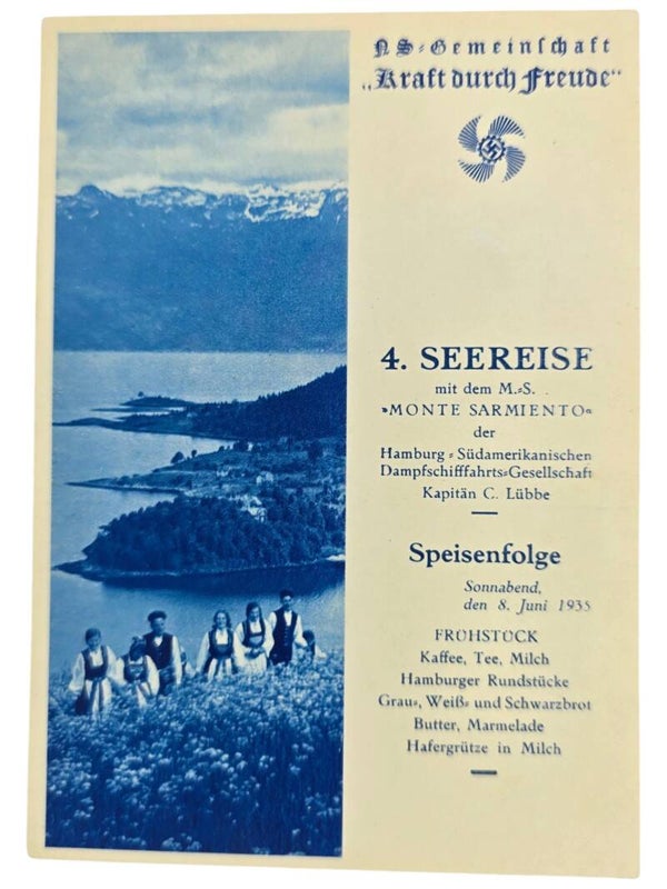 Original WW2 German KDF Postcard - NS Gemeinschaft Kraft Durch Freude MS Monte Sarmiento menu card (1935)