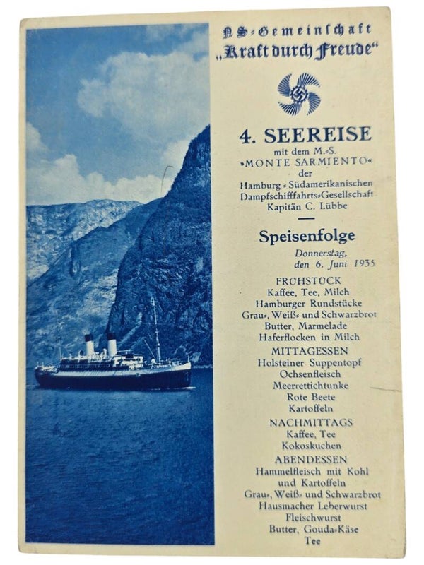 Original WW2 German KDF Postcard - NS Gemeinschaft Kraft Durch Freude MS Monte Sarmiento menu card (1935)