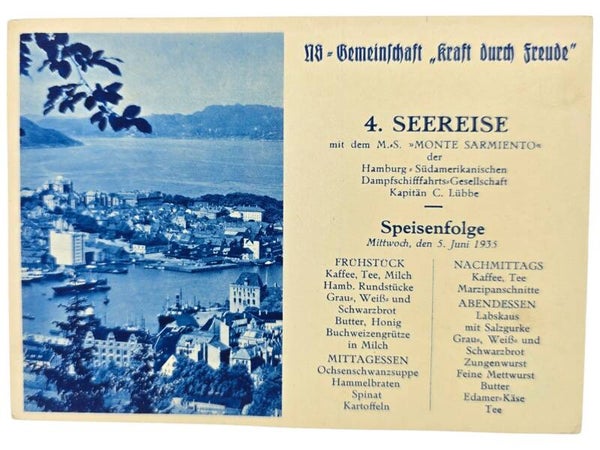 Original WW2 German KDF Postcard - NS Gemeinschaft Kraft Durch Freude MS Monte Sarmiento menu card (1935)