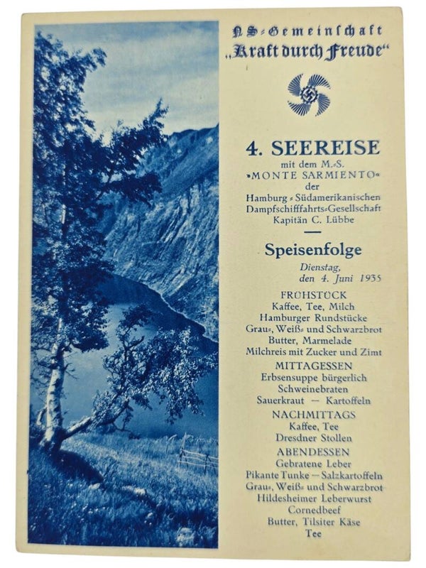 Original WW2 German KDF Postcard - NS Gemeinschaft Kraft Durch Freude MS Monte Sarmiento menu card (1935)