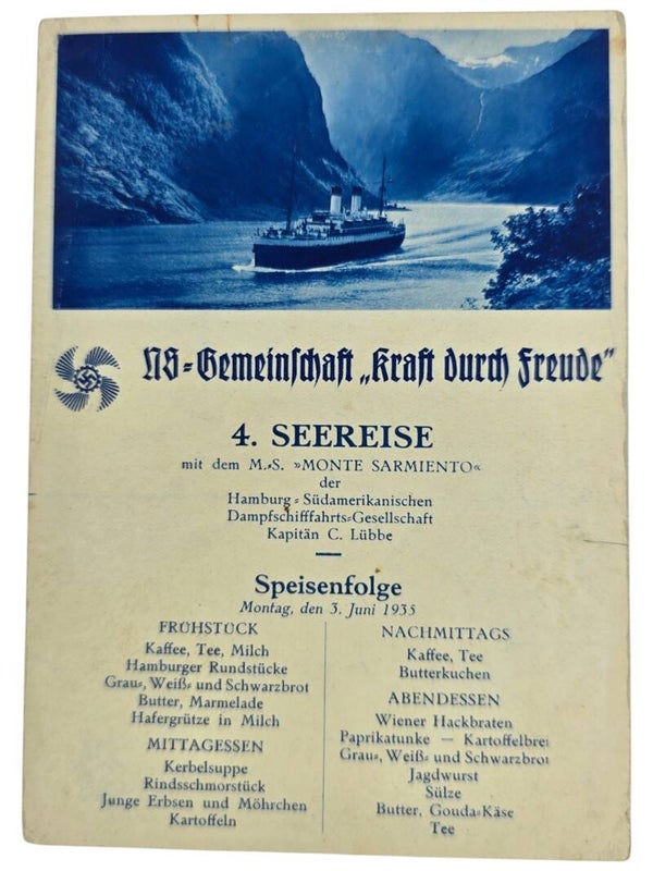 Original WW2 German KDF Postcard - NS Gemeinschaft Kraft Durch Freude MS Monte Sarmiento menu card (1935)