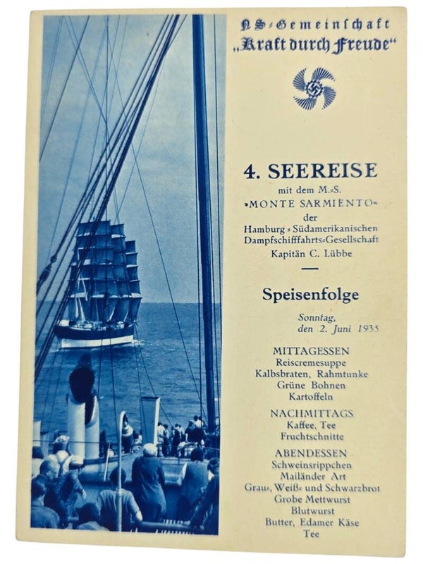 Original WW2 German KDF Postcard - NS Gemeinschaft Kraft Durch Freude MS Monte Sarmiento menu card (1935)