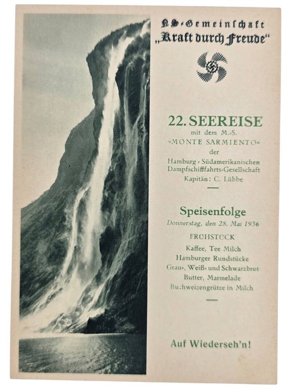Original WW2 German KDF Postcard - NS Gemeinschaft Kraft Durch Freude MS Monte Sarmiento menu card (1936)
