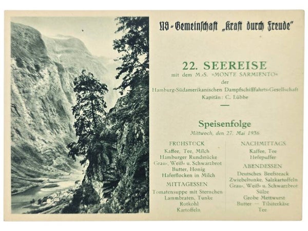 Original WW2 German KDF Postcard - NS Gemeinschaft Kraft Durch Freude MS Monte Sarmiento menu card (1936)