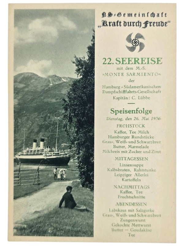 Original WW2 German KDF Postcard - NS Gemeinschaft Kraft Durch Freude MS Monte Sarmiento menu card (1936)