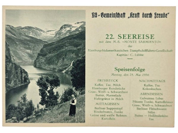 Original WW2 German KDF Postcard - NS Gemeinschaft Kraft Durch Freude MS Monte Sarmiento menu card (1936)