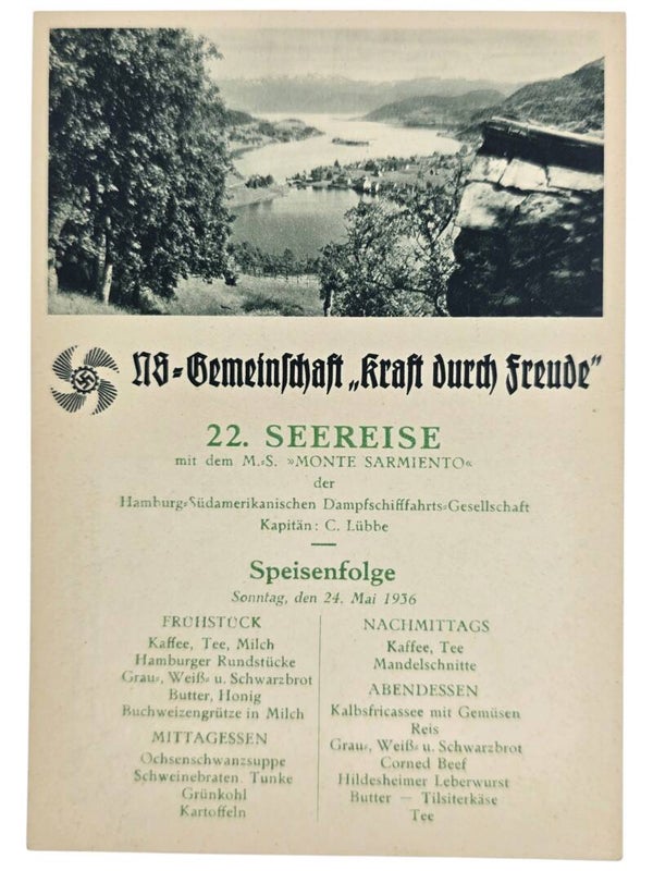 Original WW2 German KDF Postcard - NS Gemeinschaft Kraft Durch Freude MS Monte Sarmiento menu card (1936)