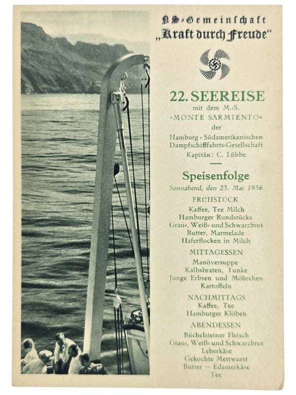 Original WW2 German KDF Postcard - NS Gemeinschaft Kraft Durch Freude MS Monte Sarmiento menu card (1936)