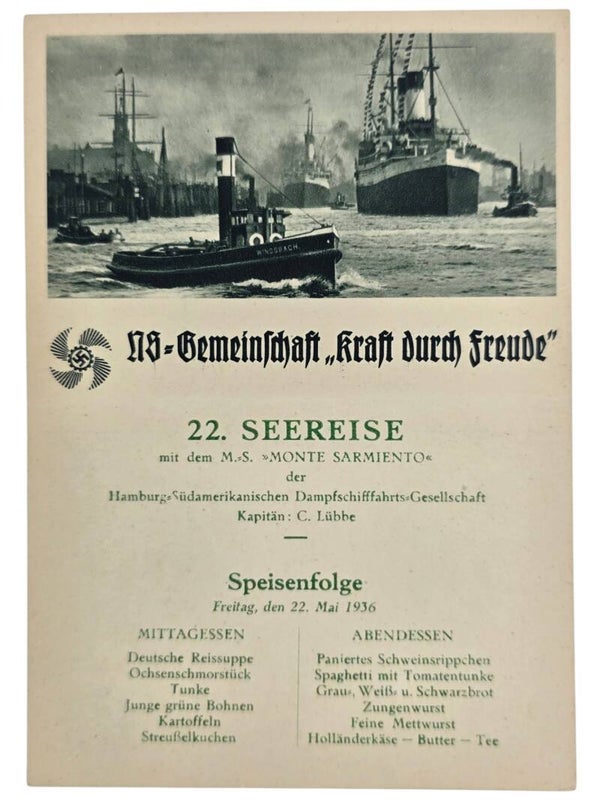 Original WW2 German KDF Postcard - NS Gemeinschaft Kraft Durch Freude MS Monte Sarmiento menu card (1936)
