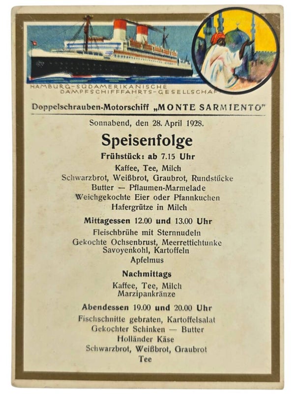 Original German Postcard - HSDG Hamburg-Süd, MS Monte Sarmiento menu card (1928)