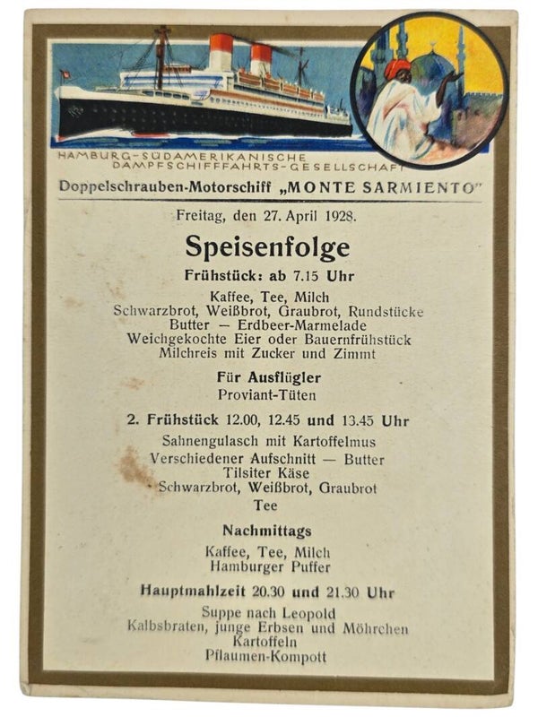 Original German Postcard - HSDG Hamburg-Süd, MS Monte Sarmiento menu card (1928)