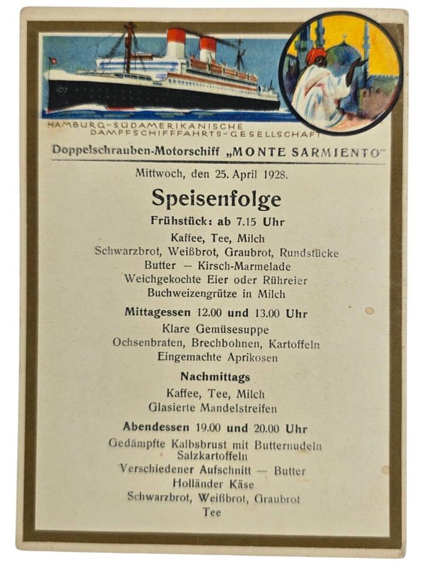 Original German Postcard - HSDG Hamburg-Süd, MS Monte Sarmiento menu card (1928)