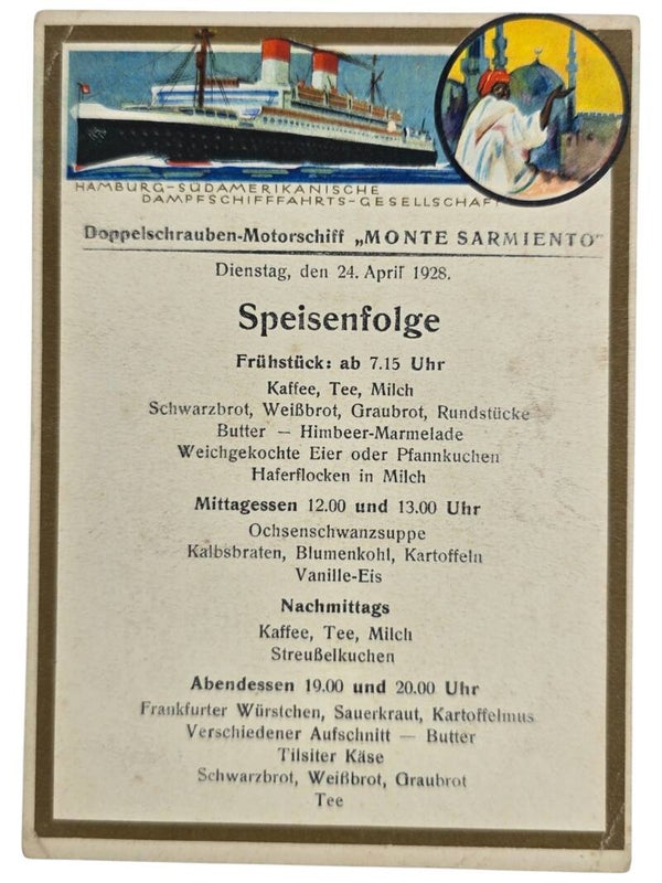 Original German Postcard - HSDG Hamburg-Süd, MS Monte Sarmiento menu card (1928)