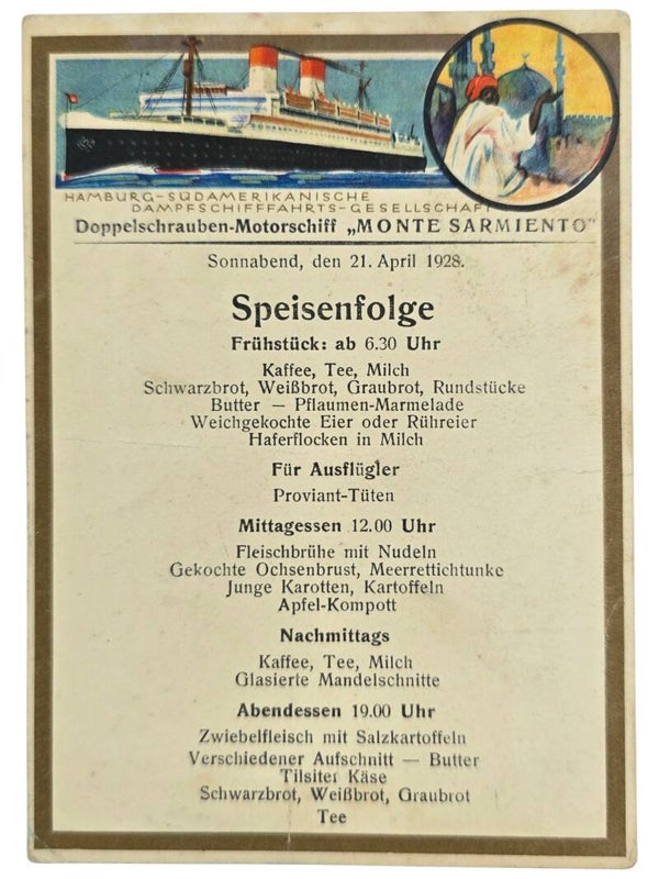 Original German Postcard - HSDG Hamburg-Süd, MS Monte Sarmiento menu card (1928)