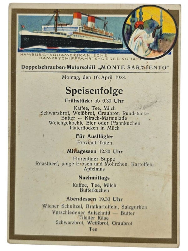 Original German Postcard - HSDG Hamburg-Süd, MS Monte Sarmiento menu card (1928)