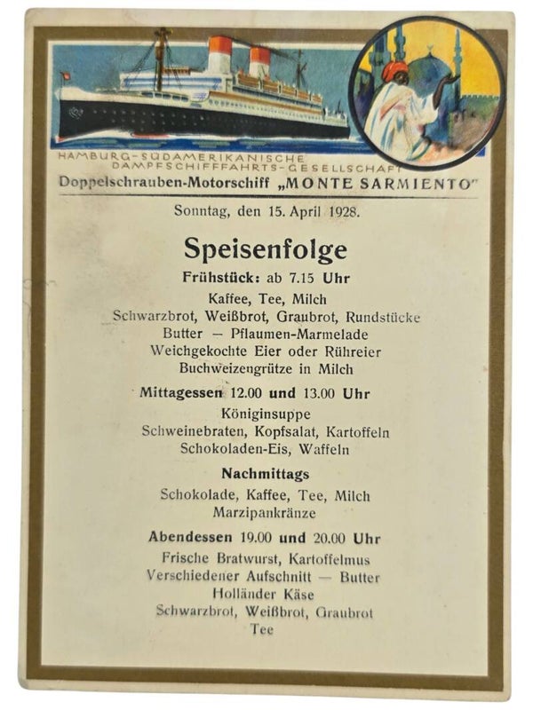 Original German Postcard - HSDG Hamburg-Süd, MS Monte Sarmiento menu card (1928)