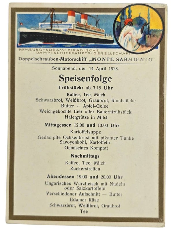Original German Postcard - HSDG Hamburg-Süd, MS Monte Sarmiento menu card (1928)